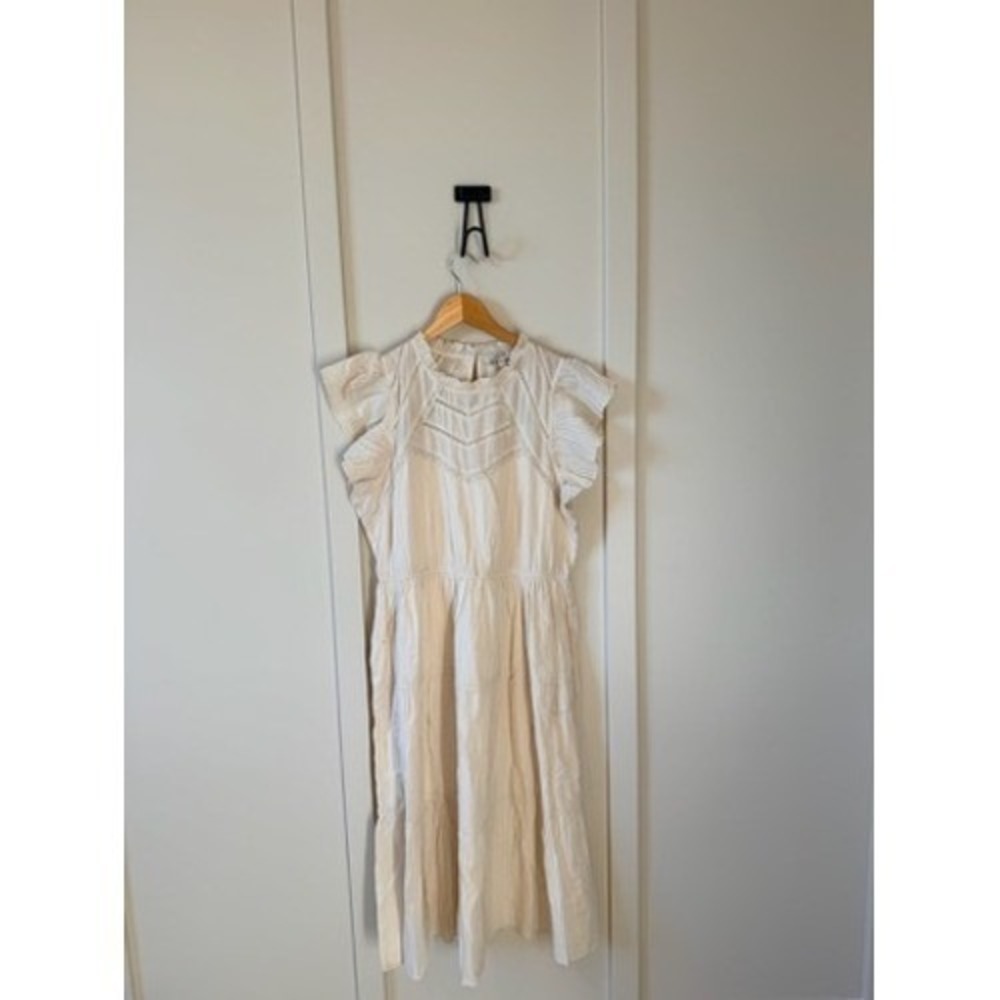 Joie Ivory Cotton Lace Trim Ruffle Midi Dress Elastic Waist Pockets Womens XL - Picture 2 of 10